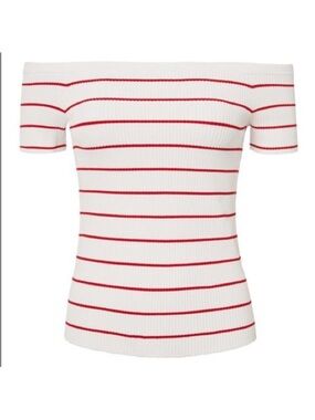 INTERMIX Off-the-Shoulder Striped Knit Top in White and Red